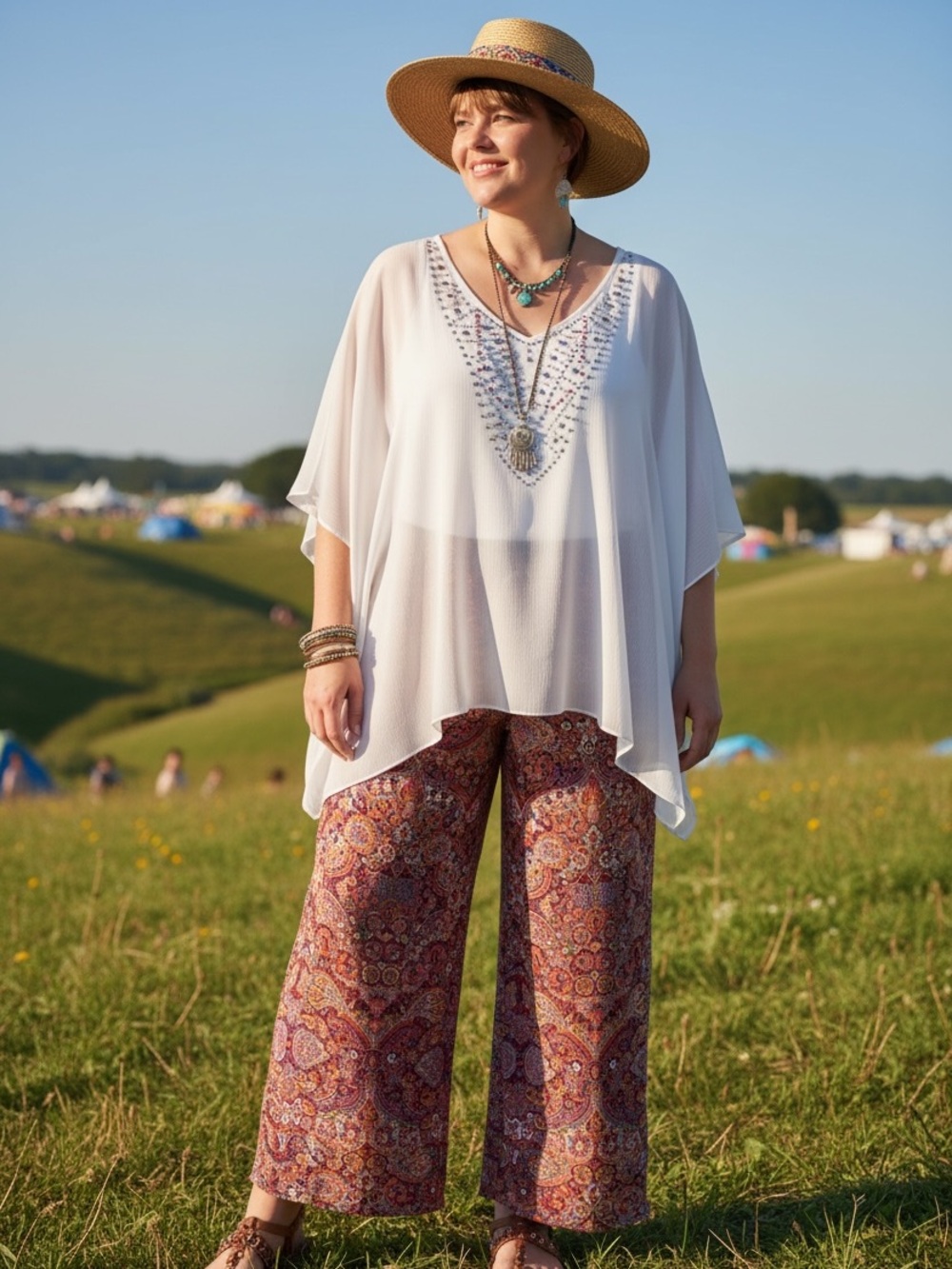 Mushka Sienna Rose 1x Boho Sheer Jeweled White V-Neck Chiffon Tunic